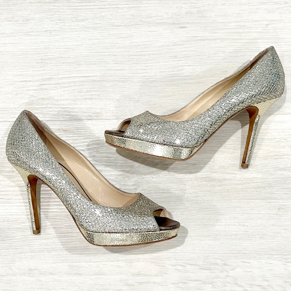 JIMMY CHOO: Luna champagne metallic gold, glitter, peep toe, heels.